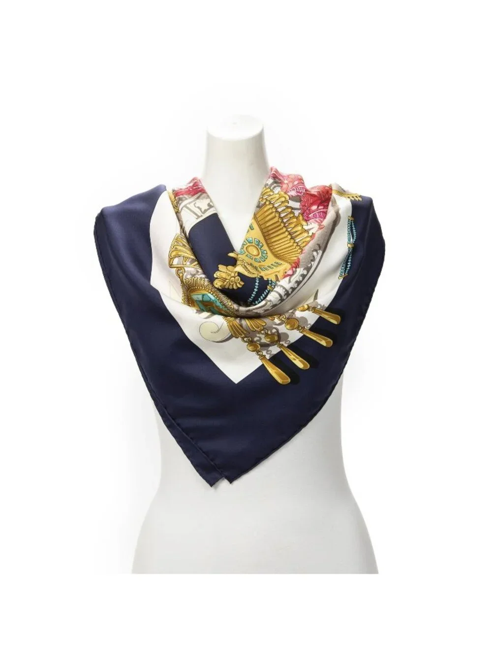 Hermes Scarf Navy Red 100% Gold Twill Silk